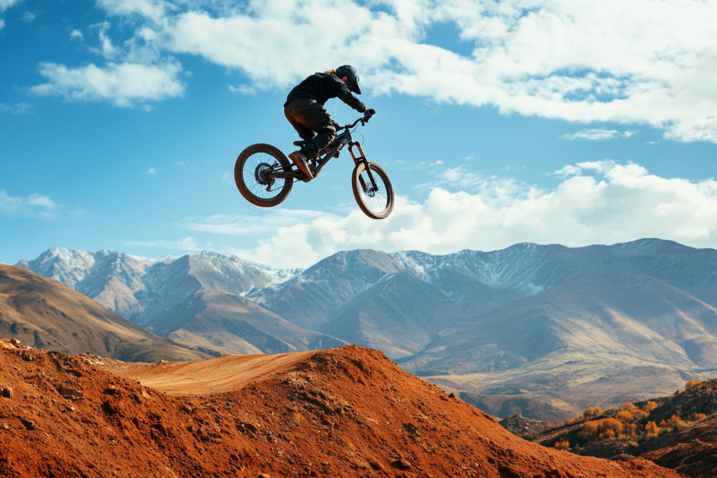 Cycliste en action sur une piste de VTT dans les Alpes, près de Morzine