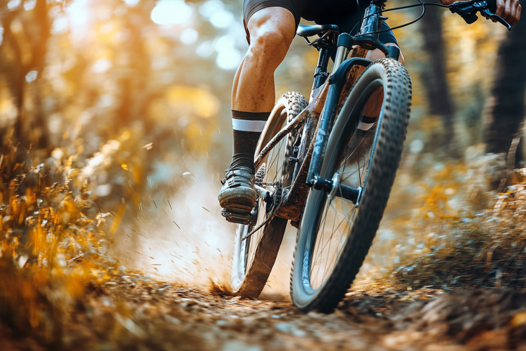 Cycliste en action sur une piste de VTT dans les Alpes, près de Morzine